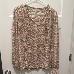 LOFT Floral Wave Tie-Neck Blouse in Pink, Green & Cream